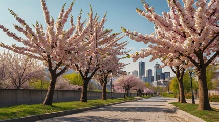 Naklejka premium Blank Sign with Spring Cityscape and Cherry Blossoms