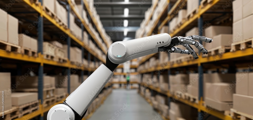 Poster ai-powered robotic arm handling warehouse logistics, automating inventory management and improving b