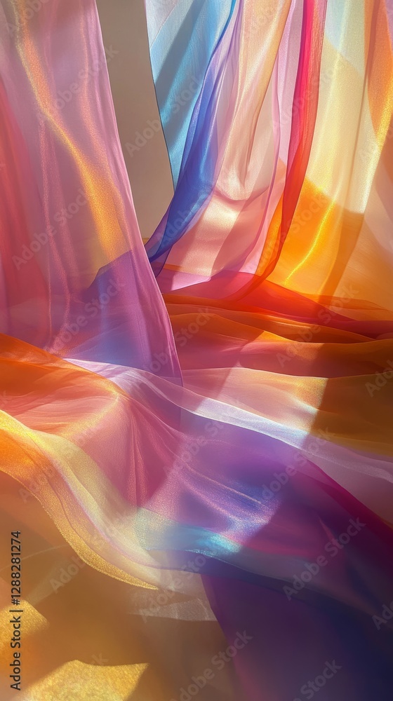 Poster flowing sheer fabric in vibrant rainbow colors with sunlight casting soft shadows. abstract art and 