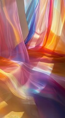 Flowing sheer fabric in vibrant rainbow colors with sunlight casting soft shadows. Abstract art and interior design inspiration concept