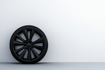 Fototapeta premium Electric Vehicles Concepts. Black car wheel leaning against a wall with a minimalist background.