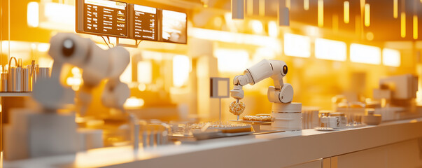 Innovative AI-driven food market featuring robotic chefs in action