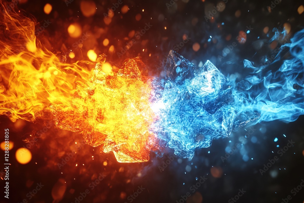 Poster dynamic clash of fire and ice in abstract display