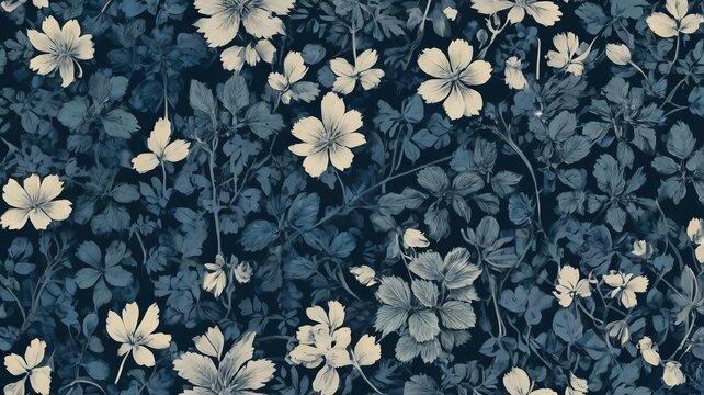 Cyanotype Trefoil Leaves on Floral Sun Print