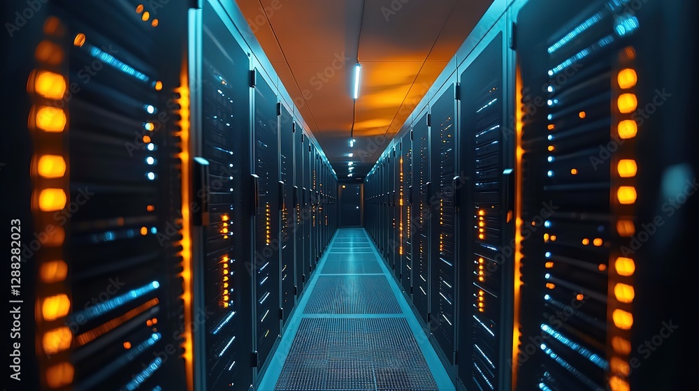 Poster information traveling through the data center storage in blue and orange colors. cloud computer syst