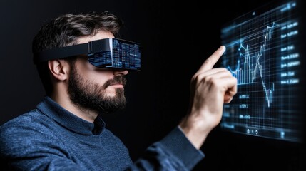 Banking analyst using an augmented reality interface to explore real-time economic growth indicators and financial insights