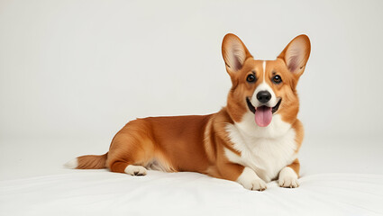 A fluffy Welsh Corgi sitting proudly, its short legs and signature smile making it even more charming on a crisp white background.