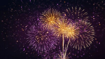 Fototapeta premium Dark Violet Sky with Exploding Gold Fireworks and Bokeh
