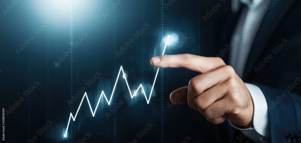 Poster business executive touching an interactive growth chart on a virtual interface, analyzing company pr