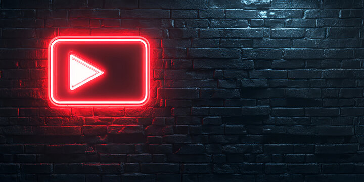 Red Neon Play Button on Brick Wall - Powered by Adobe