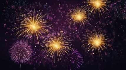 Obraz premium Dark Violet Sky with Exploding Gold Fireworks and Bokeh