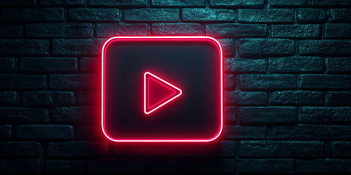 Neon Play Button on Brick Wall
