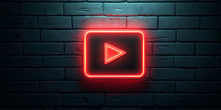 Red Neon Play Button on Brick Wall