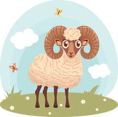 Sheep. Farm animals with landscape - cute cartoon vector illustration