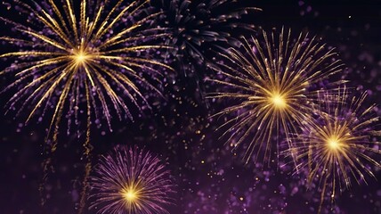 Fototapeta premium Dark Violet Sky with Exploding Gold Fireworks and Bokeh