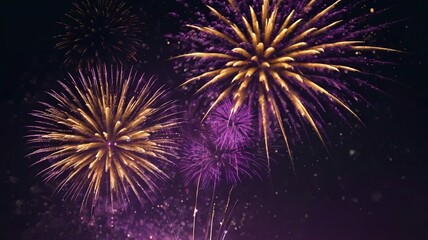 Dark Violet Sky with Exploding Gold Fireworks and Bokeh