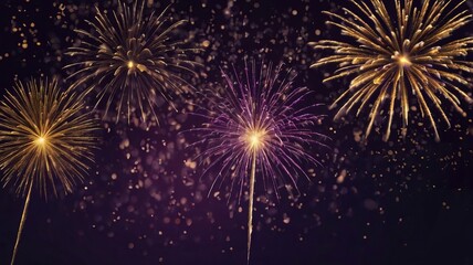Fototapeta premium Dark Violet Sky with Exploding Gold Fireworks and Bokeh