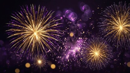 Fototapeta premium Dark Violet Sky with Exploding Gold Fireworks and Bokeh