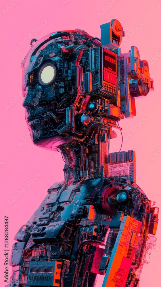 Poster cybernetic robot with intricate circuitry in vivid neon colors on a pink background, side view. futu