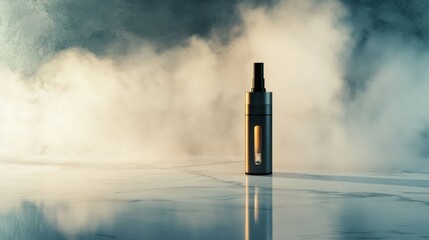 A vaping device on a light marble surface with soft shadows. Featuring futuristic design and vapor clouds