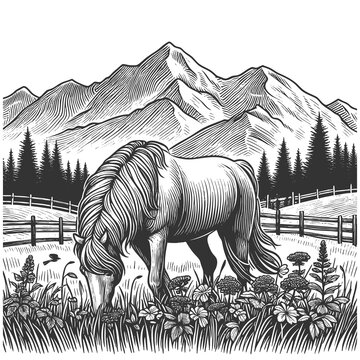 horse peacefully grazing in scenic alpine meadow mountain landscape, wildflowers and pine trees in etching style sketch engraving generative ai raster illustration. Scratch board. Black and white.