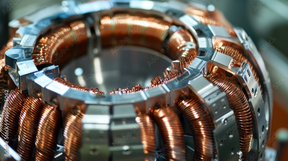Poster close-up view of a copper coil assembly in a high-tech machinery environment