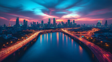 City Skyline Sunset Traffic River