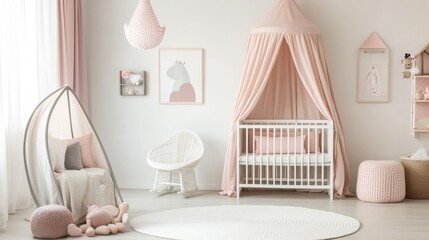 A beautiful nursery with linen curtains and soft pastel bedding.