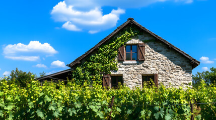 Obraz premium A charming stone winery surrounded by lush grapevines under a bright blue sky.