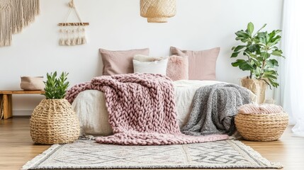 A bedroom with woolen rugs and soft pastel decor elements.