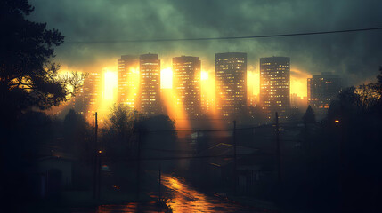 City Sunrise Through Storm Clouds