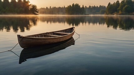 Fototapeta premium Empty Rowboat at Dawn on a Serene Lake