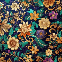 Embroidered Floral Textile Pattern  Gold Teal Purple Flowers