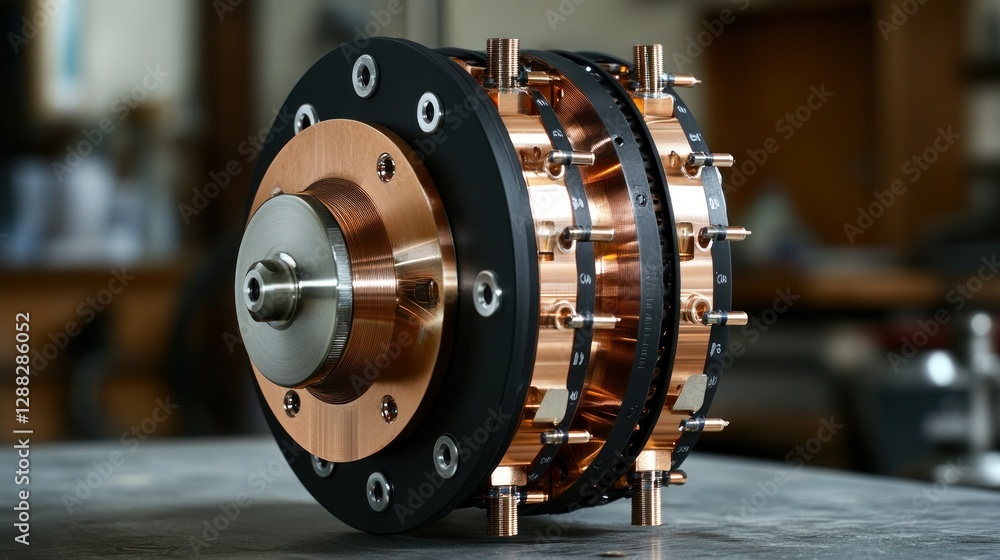 Poster close-up of a copper and metal mechanical component on a workbench in a workshop setting