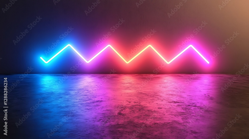 Poster neon zigzag lights illuminating a reflective floor in a studio setting, perfect for abstract designs