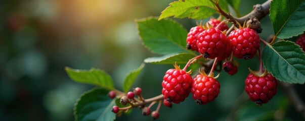 Overripe wild berries, vibrant hues, nestled amongst foliage, nature, healthy