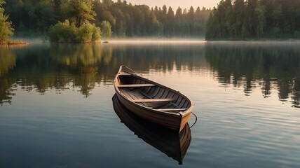 Obraz premium Empty Rowboat at Dawn on a Serene Lake