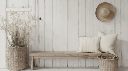 A charming entryway with a wooden bench and minimalist decor.