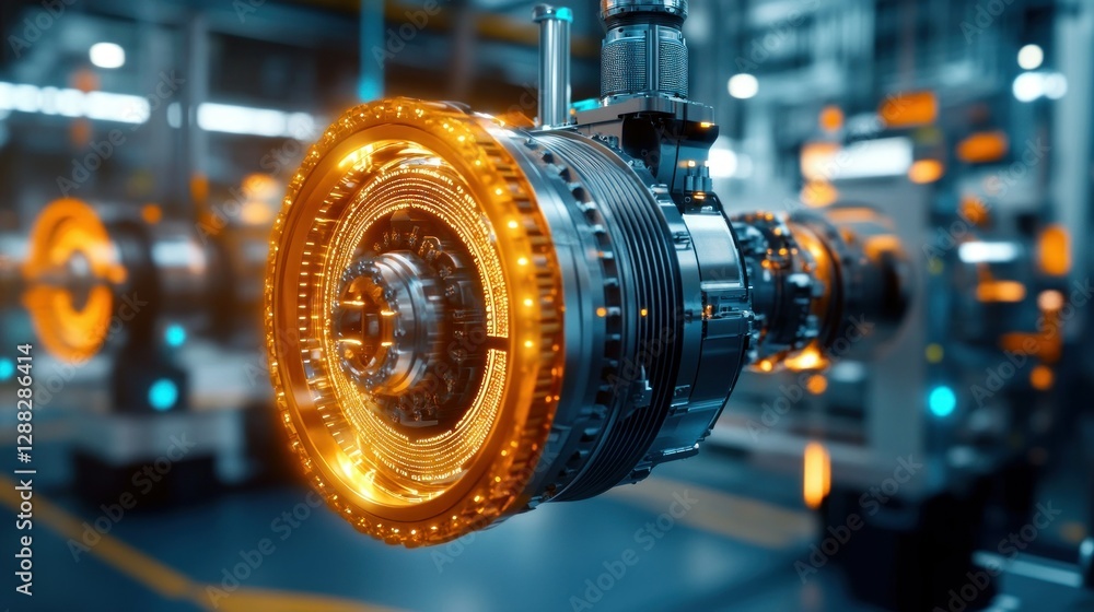 Poster close-up of a futuristic engine component with glowing elements in a high-tech manufacturing facilit