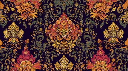 Elegant Damask Floral Pattern  Vintage Textile Design  Rich Autumn Hues