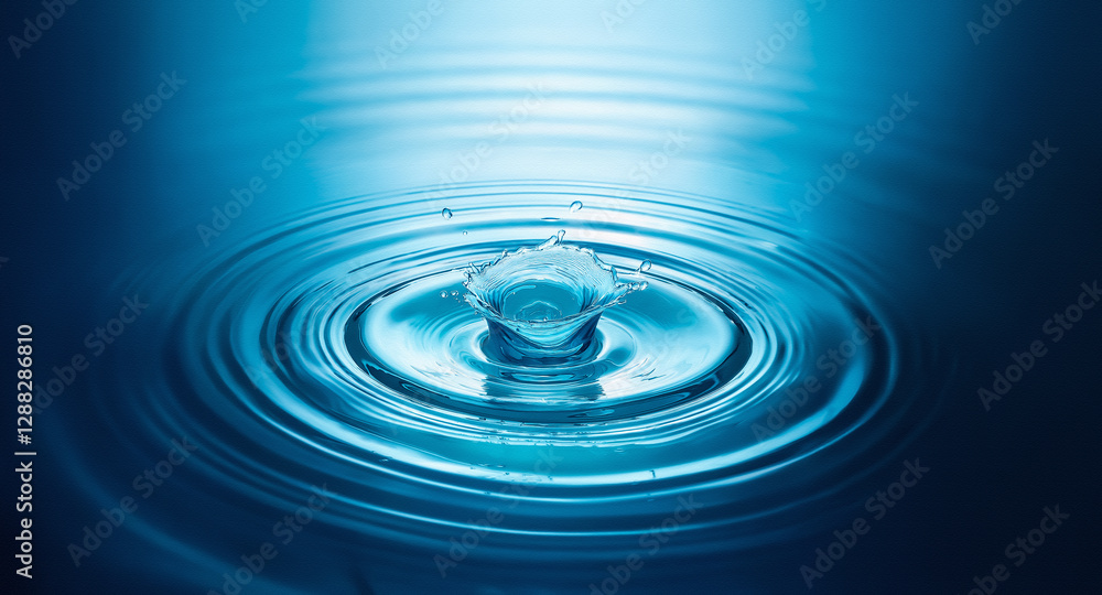 Poster water droplet creates expanding circles on a clear blue water surface. a moment of impact captured i