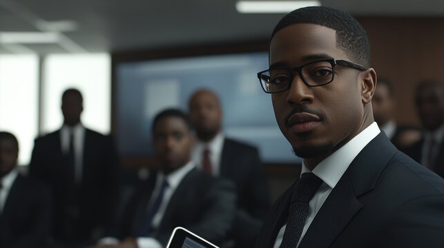 A cinematic moment of a lawyer presenting estate planning strategies to a family, using a tablet to showcase investment plans, tax benefits, and legacy management