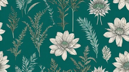 Green and White Botanical Elements on Turquoise Background