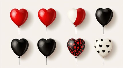 Eight heart-shaped balloons in red, black, and white; solid and patterned designs.