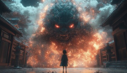 Fototapeta premium Fantasy Anime Stock Photo Epic Monster Confrontation in Japan