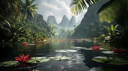 Serene Tropical River Landscape with Red Water Lilies