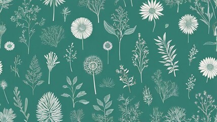 Green and White Botanical Elements on Turquoise Background