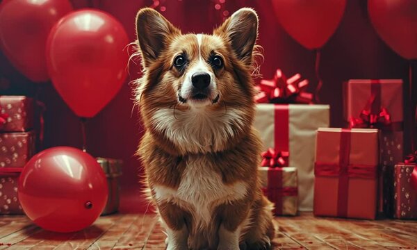 Adorable corgi sitting in front of red balloons and presents, celebrating a festive occasion.