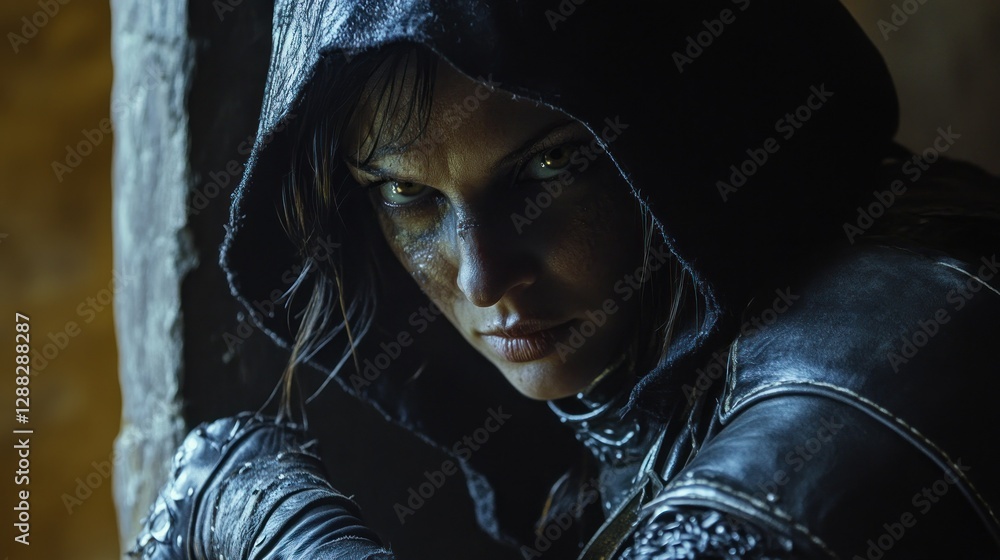 Poster mysterious figure in dark attire gazes intensely from a shadowy corner of an ancient stone structure