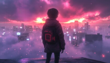 Fototapeta premium Fantasy Anime Cityscape at Night - Pink Sky and Neon Lights Stock Photo